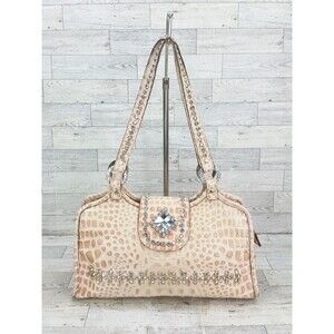 Raviani Croc Crocodile Embossed Leather Handbag Pink Rhinestones Bag Purse
